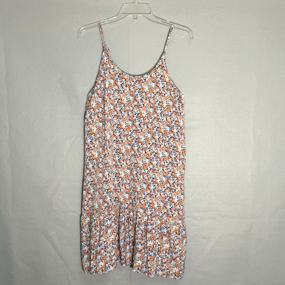 Qearal Floral Ruffle Hem Mini Dress Womens Size M Orange Blue Boho Cottagecore